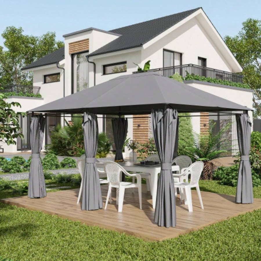 Outsunny 10x 13 Outdoor Patio Gazebo, Canopy Shelter with 6 Removable Sidewalls Steel Frame Garden, Lawn, Backyard Deck, Gray