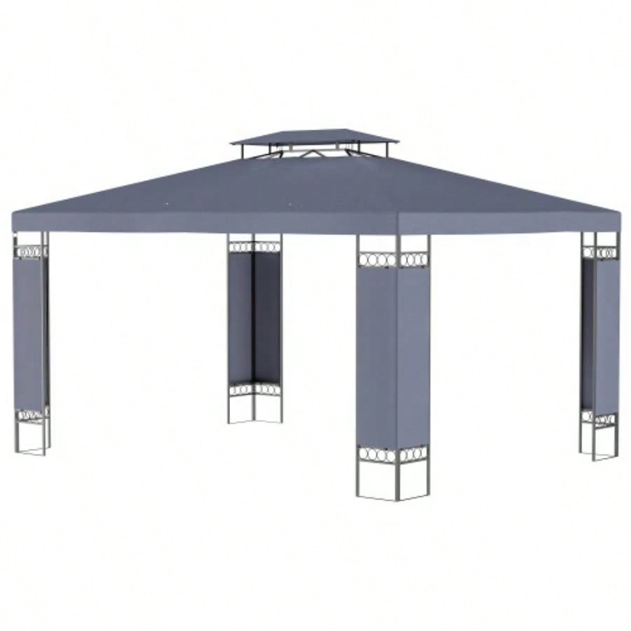 Outsunny 10x 13 Patio Gazebo, Double Roof Outdoor Gazebo Canopy Shelter with Screen Decorate Corner Frame, Garden, Lawn, Backyard and Deck, Gray
