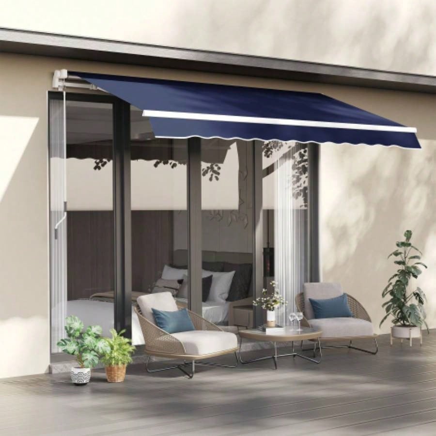 Outsunny 10x 8 Retractable Awning, Patio Awnings, Sunshade Shelter/ Manual Crank Handle, - Resistant Fabric and Aluminum Frame Deck, Balcony, Yard, Blue