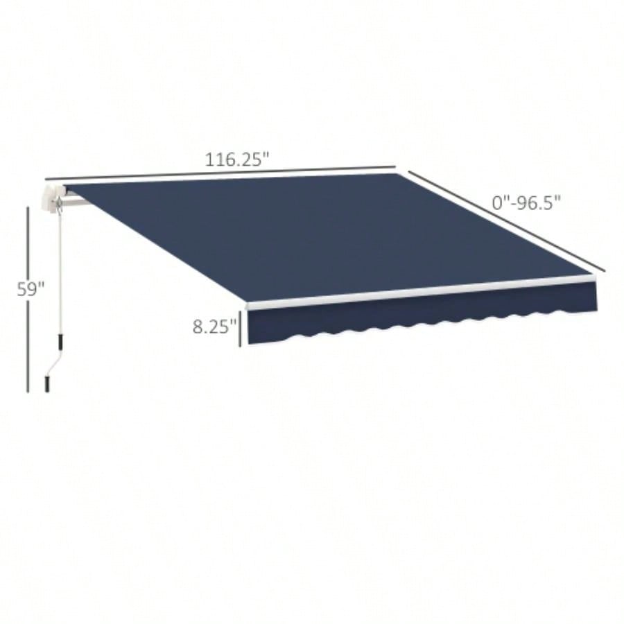 Outsunny 10x 8 Retractable Awning, Patio Awnings, Sunshade Shelter/ Manual Crank Handle, - Resistant Fabric and Aluminum Frame Deck, Balcony, Yard, Blue