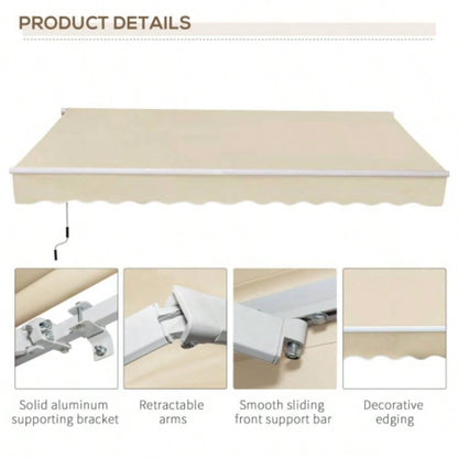 Outsunny 12x 8 Retractable Awning Patio Awnings Shade Shelter with Manual Crank Handle, 280g/ - Resistant Fabric and Aluminum Frame Deck, Balcony, Yard, White