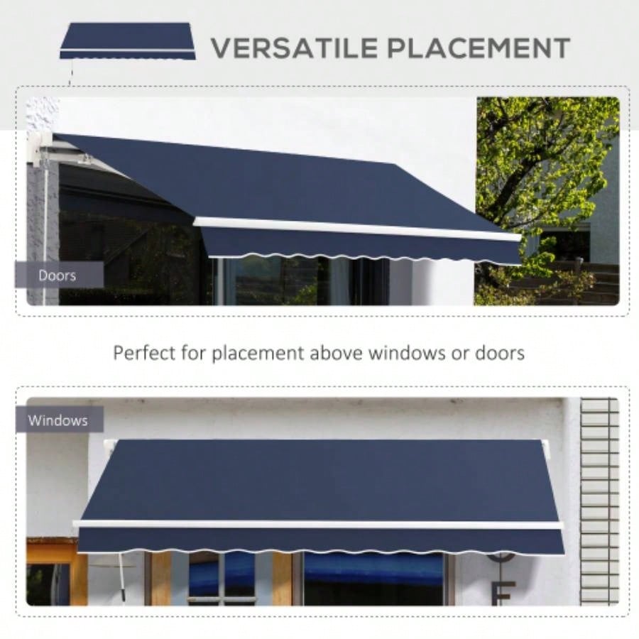 Outsunny 10x 8 Retractable Awning, Patio Awnings, Sunshade Shelter/ Manual Crank Handle, - Resistant Fabric and Aluminum Frame Deck, Balcony, Yard, Blue