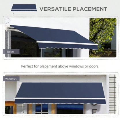 Outsunny 10x 8 Retractable Awning, Patio Awnings, Sunshade Shelter/ Manual Crank Handle, - Resistant Fabric and Aluminum Frame Deck, Balcony, Yard, Blue