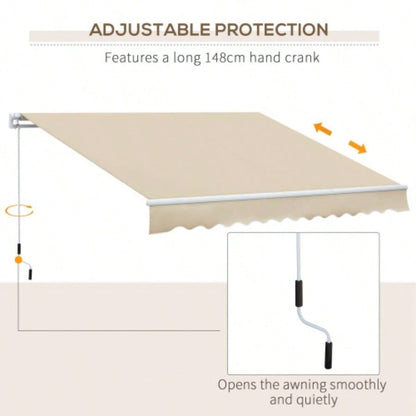Outsunny 12x 8 Retractable Awning Patio Awnings Shade Shelter with Manual Crank Handle, 280g/ - Resistant Fabric and Aluminum Frame Deck, Balcony, Yard, White