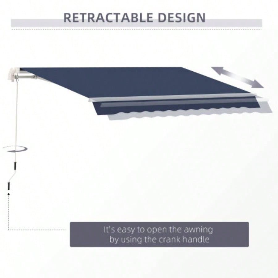 Outsunny 10x 8 Retractable Awning, Patio Awnings, Sunshade Shelter/ Manual Crank Handle, - Resistant Fabric and Aluminum Frame Deck, Balcony, Yard, Blue
