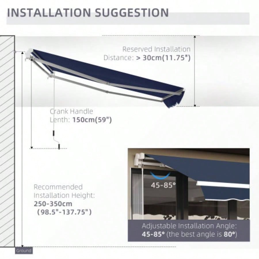 Outsunny 10x 8 Retractable Awning, Patio Awnings, Sunshade Shelter/ Manual Crank Handle, - Resistant Fabric and Aluminum Frame Deck, Balcony, Yard, Blue