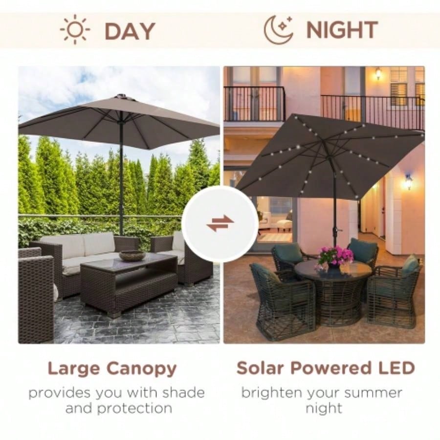 Outsunny 9x, LED Lighted Patio Table or Base with Tilt Crank, Outdoor Garden, Deck, Backyard, Pool, Beach, Tan