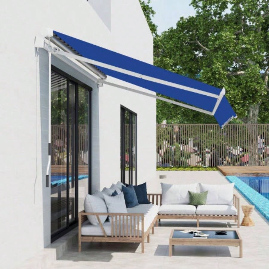 Outsunny 8x Patio Retractable Awning, Manual Exterior Shade Deck Window Cover, Blue