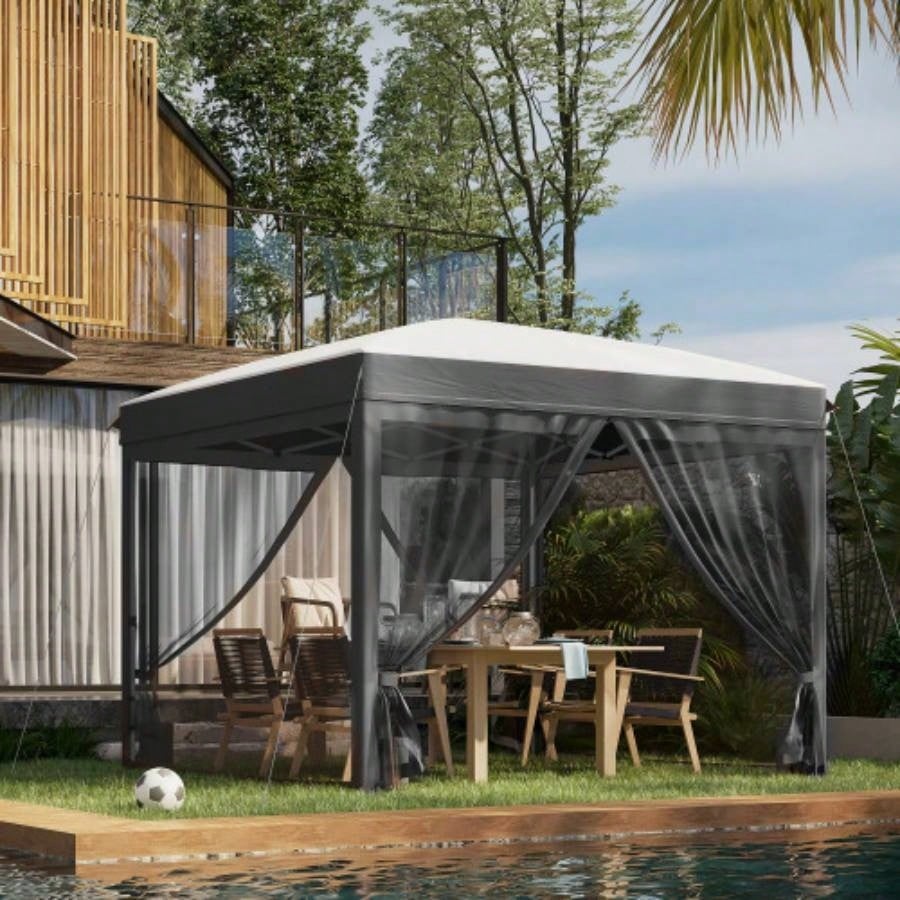 Outsunny 10x 10 Up Canopy Tent with Netting, Instant Shelter, Tents Parties, Height Adjustable, with Wheeled Carry Bag and 4 Sand Bags Outdoor, Garden, Patio, Gray
