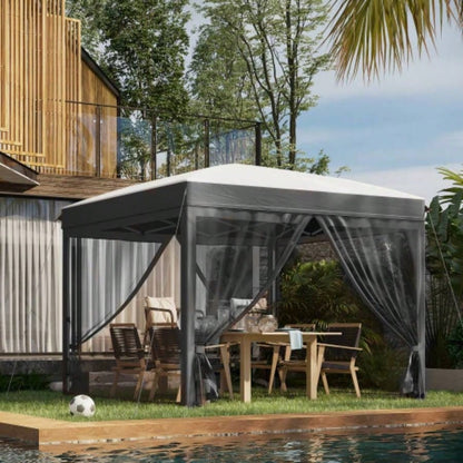 Outsunny 10x 10 Up Canopy Tent with Netting, Instant Shelter, Tents Parties, Height Adjustable, with Wheeled Carry Bag and 4 Sand Bags Outdoor, Garden, Patio, Gray