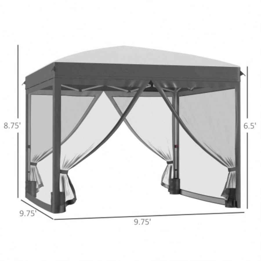 Outsunny 10x 10 Up Canopy Tent with Netting, Instant Shelter, Tents Parties, Height Adjustable, with Wheeled Carry Bag and 4 Sand Bags Outdoor, Garden, Patio, Gray