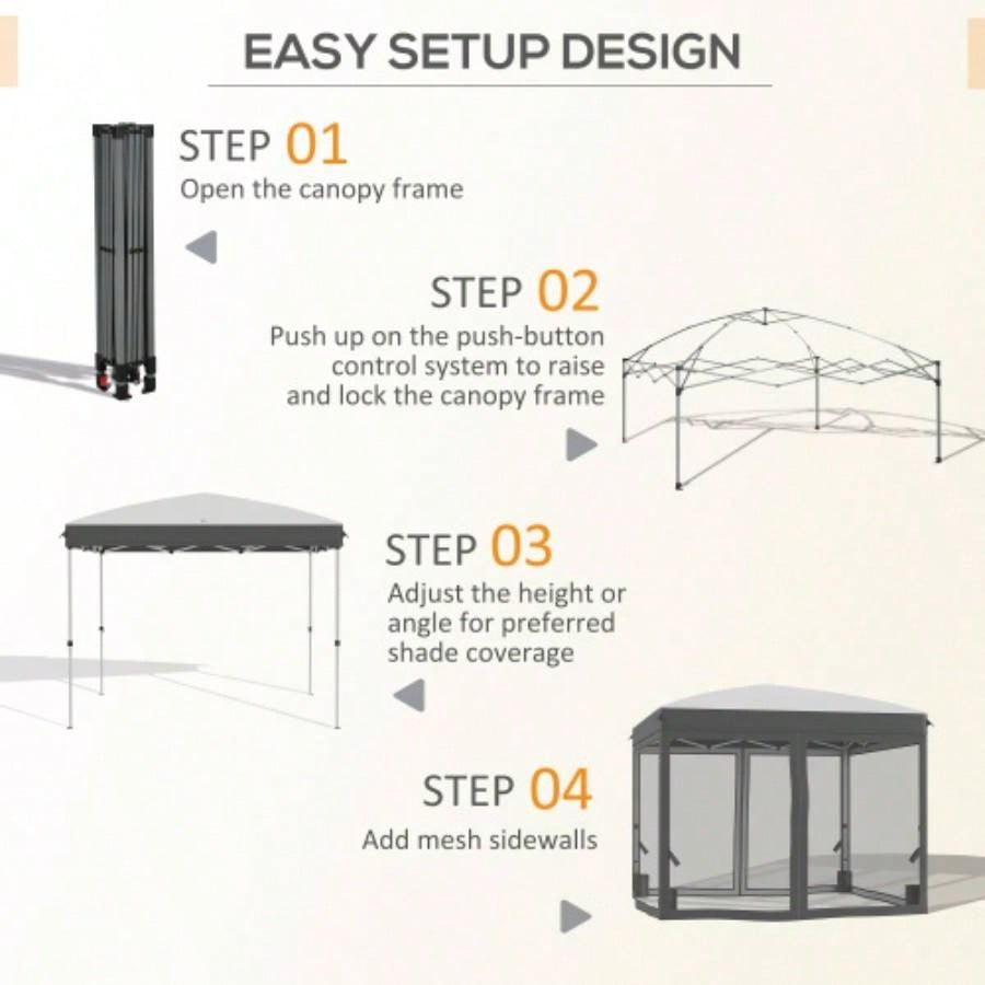 Outsunny 10x 10 Up Canopy Tent with Netting, Instant Shelter, Tents Parties, Height Adjustable, with Wheeled Carry Bag and 4 Sand Bags Outdoor, Garden, Patio, Gray