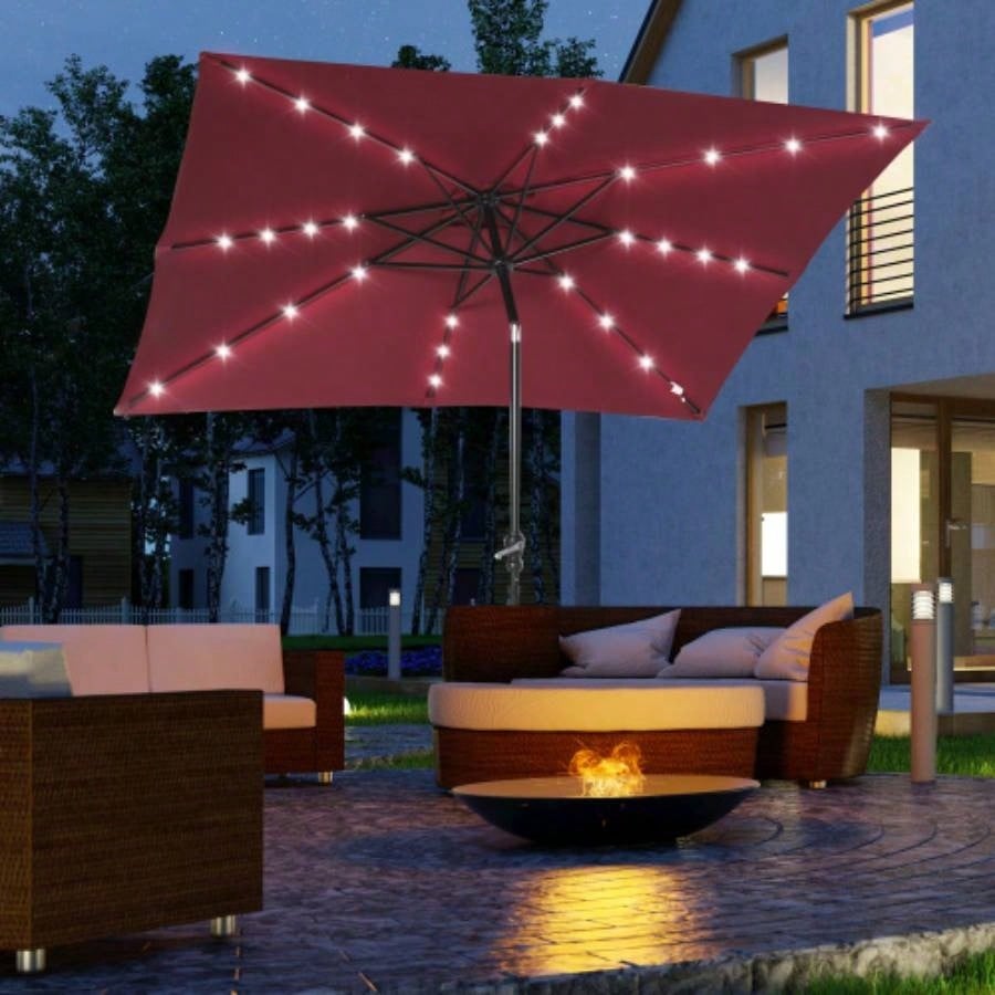 Outsunny 9x, LED Lighted Patio Table or Base with Tilt Crank, Outdoor Garden, Deck, Backyard, Pool, Beach, Wine Red