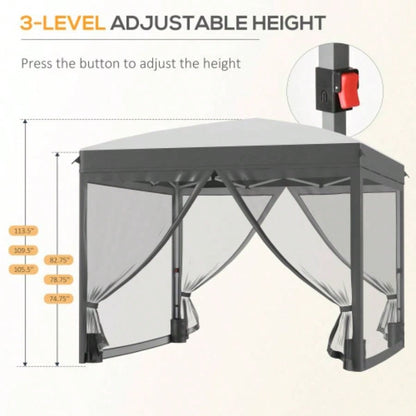 Outsunny 10x 10 Up Canopy Tent with Netting, Instant Shelter, Tents Parties, Height Adjustable, with Wheeled Carry Bag and 4 Sand Bags Outdoor, Garden, Patio, Gray