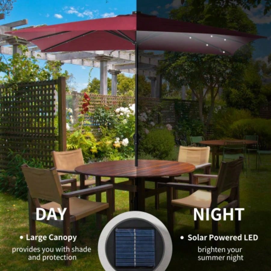 Outsunny 9x, LED Lighted Patio Table or Base with Tilt Crank, Outdoor Garden, Deck, Backyard, Pool, Beach, Wine Red