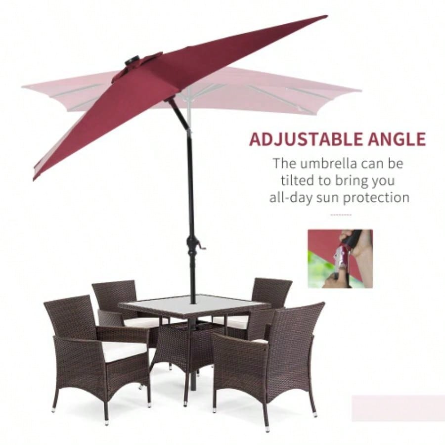 Outsunny 9x, LED Lighted Patio Table or Base with Tilt Crank, Outdoor Garden, Deck, Backyard, Pool, Beach, Wine Red