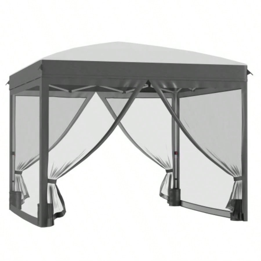 Outsunny 10x 10 Up Canopy Tent with Netting, Instant Shelter, Tents Parties, Height Adjustable, with Wheeled Carry Bag and 4 Sand Bags Outdoor, Garden, Patio, Gray