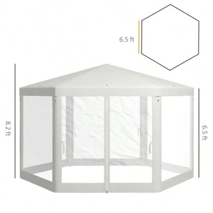 Outsunny 13x 11 Outdoor Party Tent, Hexagon Shade Shelter Canopy with Protective Mesh Screen Sidewalls, Ropes Stakes, White