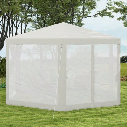 Outsunny 13x 11 Outdoor Party Tent, Hexagon Shade Shelter Canopy with Protective Mesh Screen Sidewalls, Ropes Stakes, White