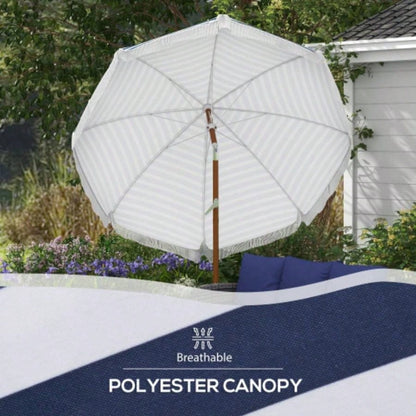 Outsunnyx ft Outdoor Patio with Tilt, Vent, Market Table Parasol with Fringed Ruffles and Flounce, Blue Strip
