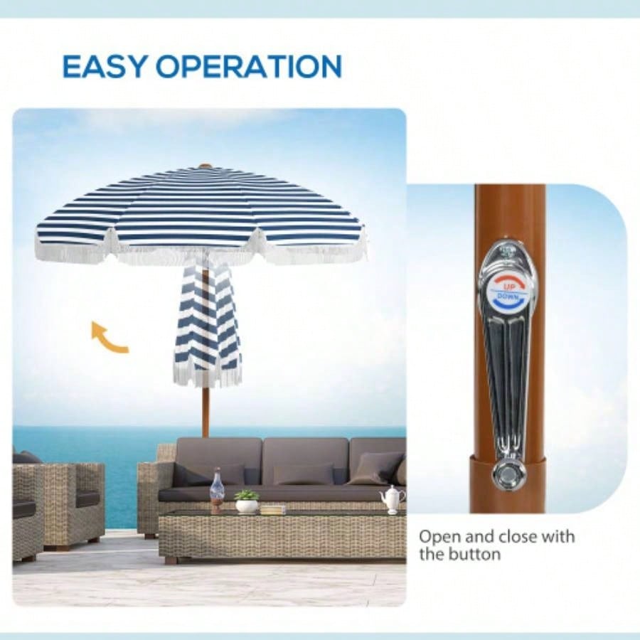 Outsunnyx ft Outdoor Patio with Tilt, Vent, Market Table Parasol with Fringed Ruffles and Flounce, Blue Strip