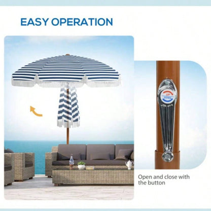 Outsunnyx ft Outdoor Patio with Tilt, Vent, Market Table Parasol with Fringed Ruffles and Flounce, Blue Strip