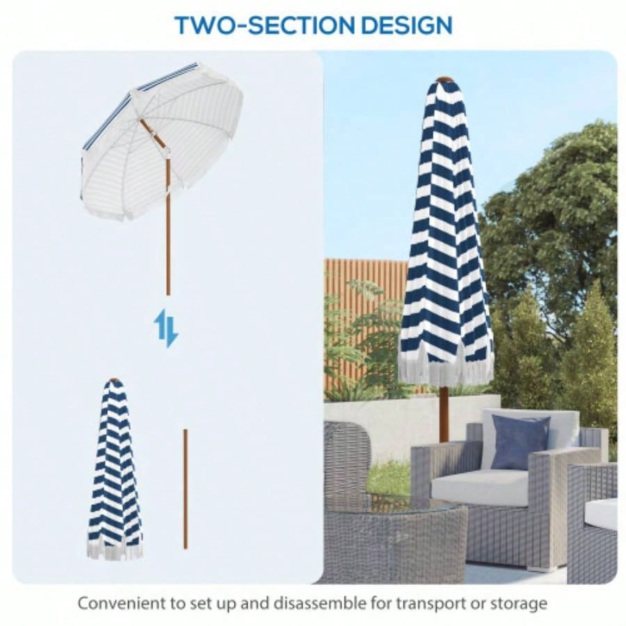 Outsunnyx ft Outdoor Patio with Tilt, Vent, Market Table Parasol with Fringed Ruffles and Flounce, Blue Strip