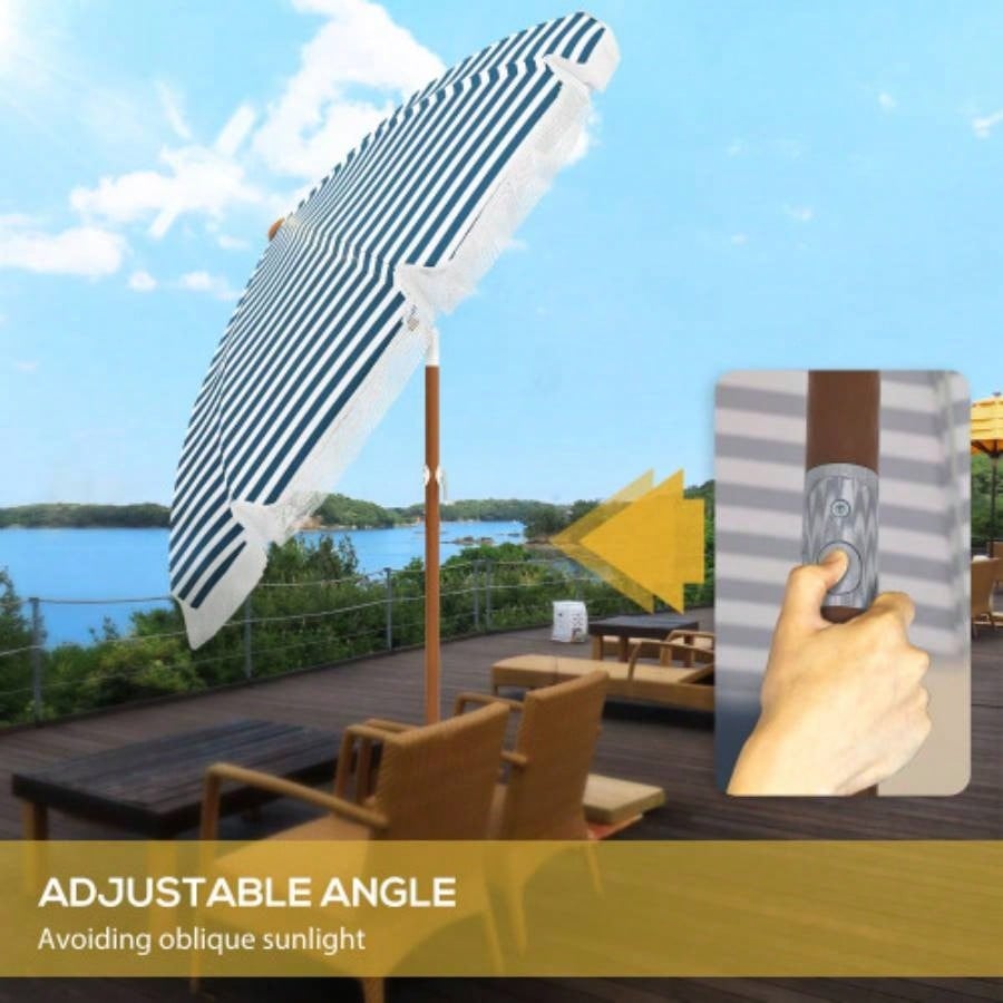 Outsunnyx ft Outdoor Patio with Tilt, Vent, Market Table Parasol with Fringed Ruffles and Flounce, Blue Strip