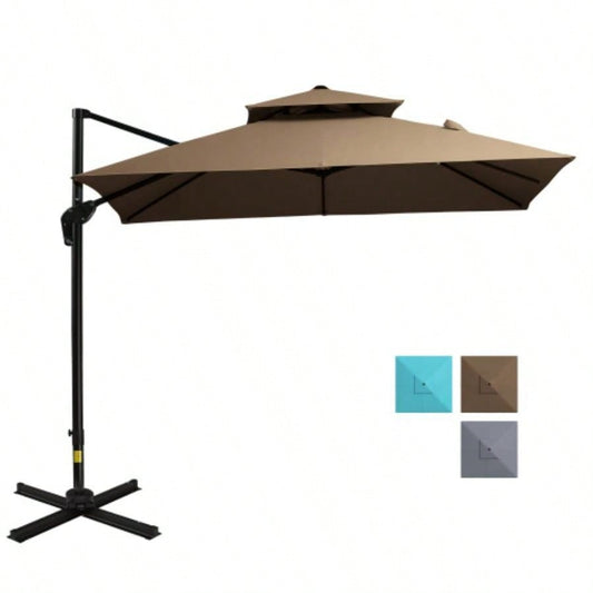 Outsunny 10ft Offset Patio with Base, Double Top Hanging Aluminum Cantilever with 360 - degree Rotation, Easy Tilt, 8 Ribs, Crank, Base, Cover, Strap, Coffee