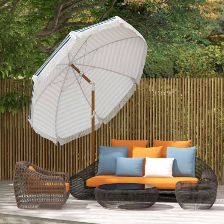 Outsunnyx ft Outdoor Patio with Tilt, Vent, Market Table Parasol with Fringed Ruffles and Flounce, Blue Strip
