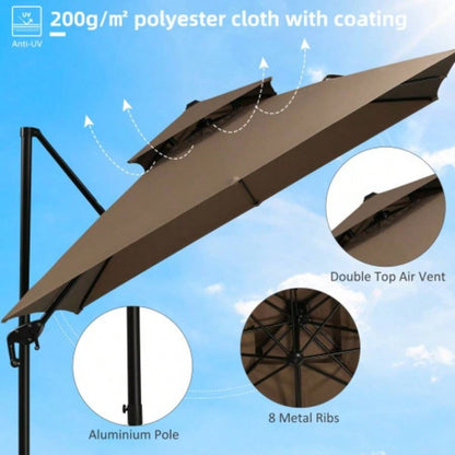 Outsunny 10ft Offset Patio with Base, Double Top Hanging Aluminum Cantilever with 360 - degree Rotation, Easy Tilt, 8 Ribs, Crank, Base, Cover, Strap, Coffee