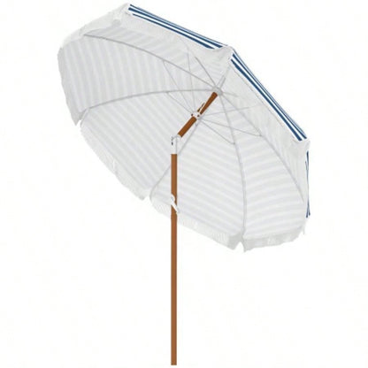 Outsunnyx ft Outdoor Patio with Tilt, Vent, Market Table Parasol with Fringed Ruffles and Flounce, Blue Strip