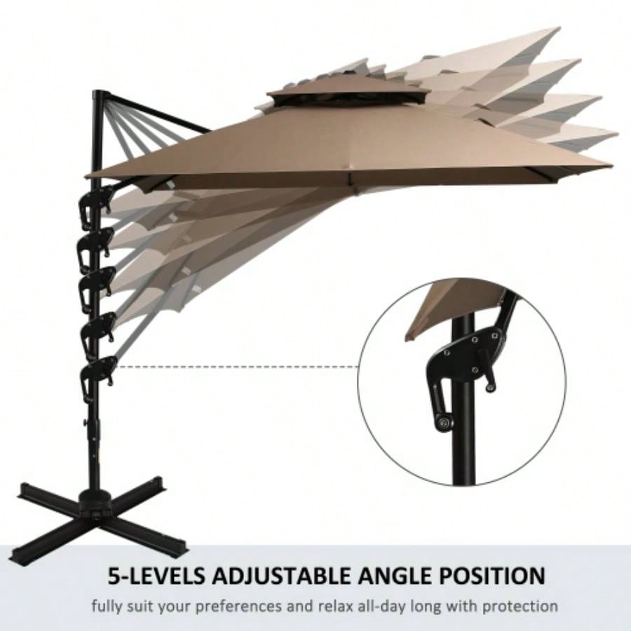 Outsunny 10ft Offset Patio with Base, Double Top Hanging Aluminum Cantilever with 360 - degree Rotation, Easy Tilt, 8 Ribs, Crank, Base, Cover, Strap, Coffee