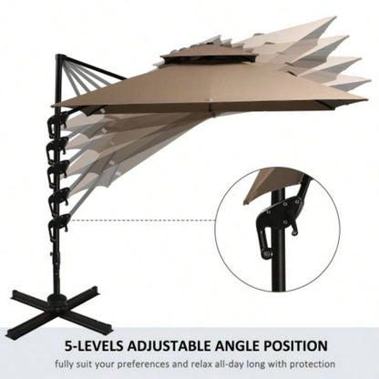Outsunny 10ft Offset Patio with Base, Double Top Hanging Aluminum Cantilever with 360 - degree Rotation, Easy Tilt, 8 Ribs, Crank, Base, Cover, Strap, Coffee