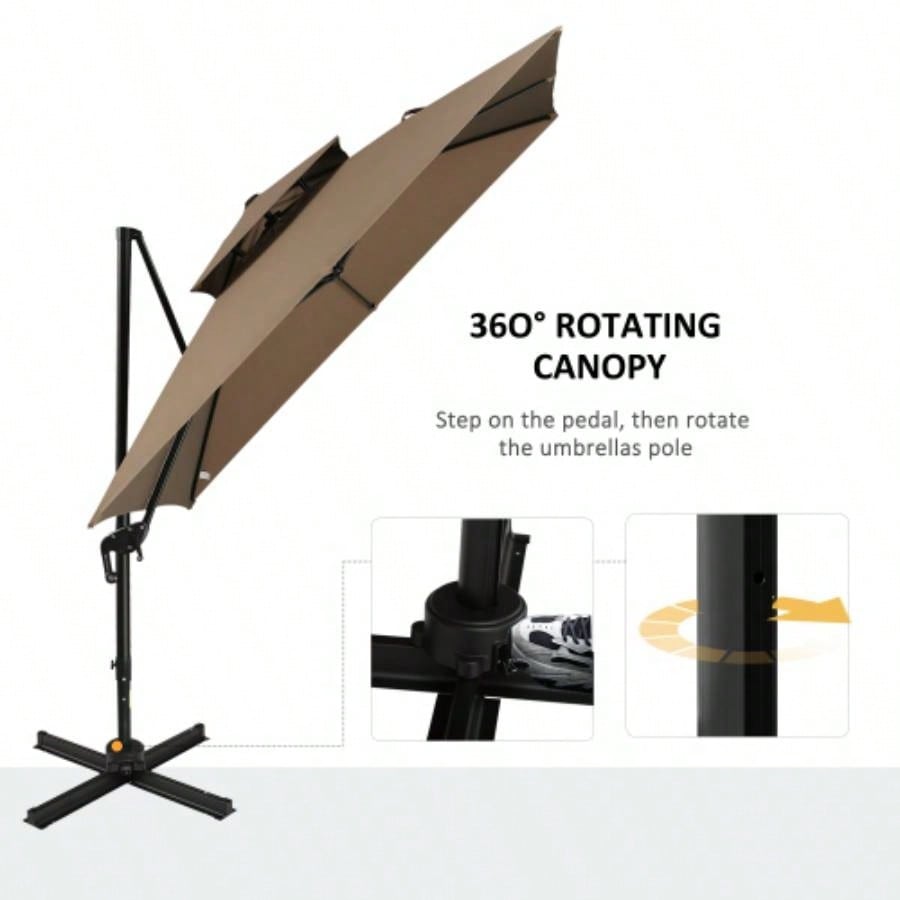 Outsunny 10ft Offset Patio with Base, Double Top Hanging Aluminum Cantilever with 360 - degree Rotation, Easy Tilt, 8 Ribs, Crank, Base, Cover, Strap, Coffee
