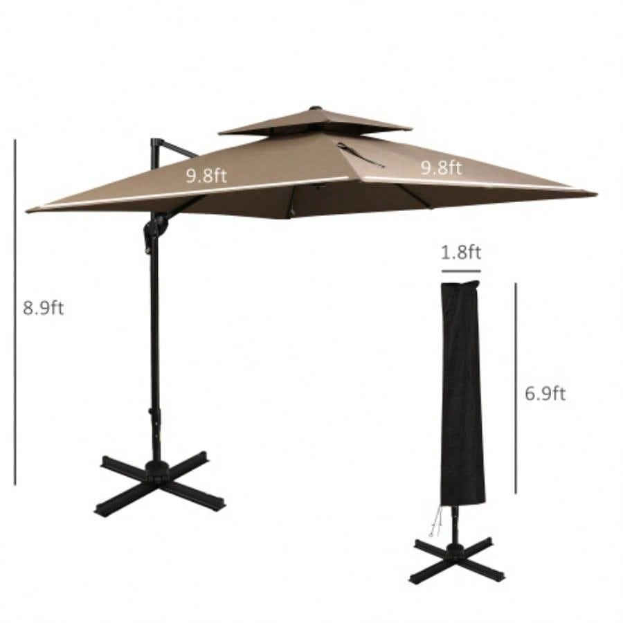Outsunny 10ft Offset Patio with Base, Double Top Hanging Aluminum Cantilever with 360 - degree Rotation, Easy Tilt, 8 Ribs, Crank, Base, Cover, Strap, Coffee