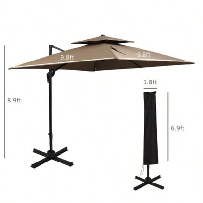 Outsunny 10ft Offset Patio with Base, Double Top Hanging Aluminum Cantilever with 360 - degree Rotation, Easy Tilt, 8 Ribs, Crank, Base, Cover, Strap, Coffee