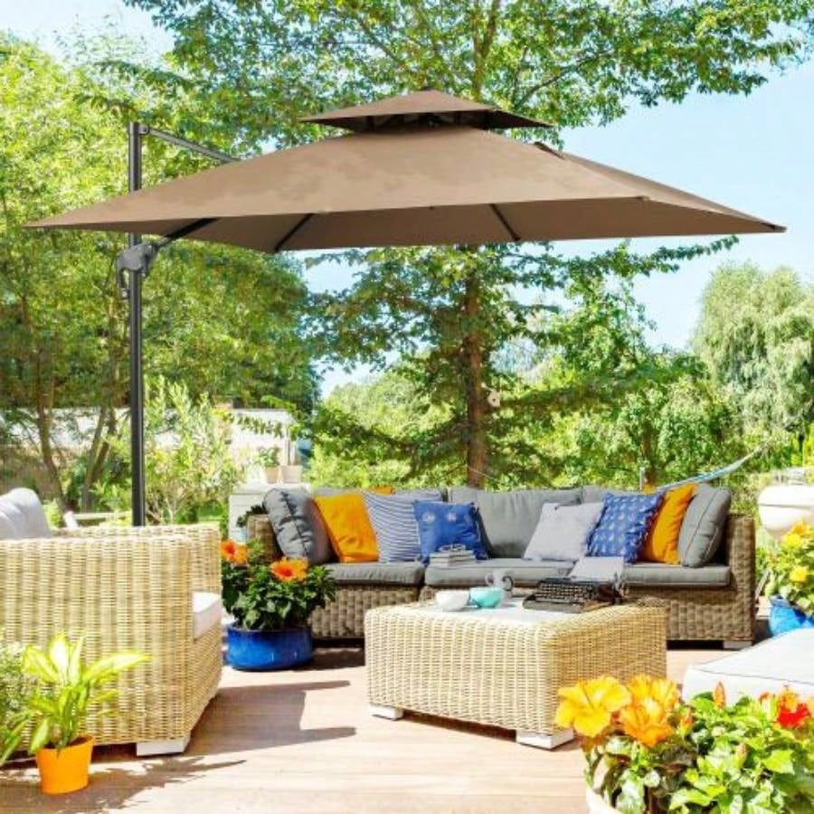 Outsunny 10ft Offset Patio with Base, Double Top Hanging Aluminum Cantilever with 360 - degree Rotation, Easy Tilt, 8 Ribs, Crank, Base, Cover, Strap, Coffee