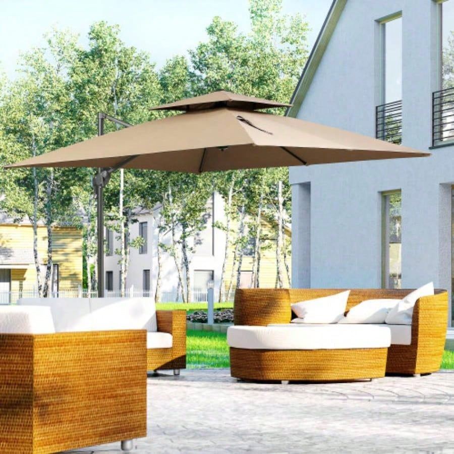 Outsunny 10ft Offset Patio with Base, Double Top Hanging Aluminum Cantilever with 360 - degree Rotation, Easy Tilt, 8 Ribs, Crank, Base, Cover, Strap, Coffee