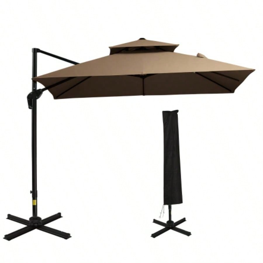 Outsunny 10ft Offset Patio with Base, Double Top Hanging Aluminum Cantilever with 360 - degree Rotation, Easy Tilt, 8 Ribs, Crank, Base, Cover, Strap, Coffee