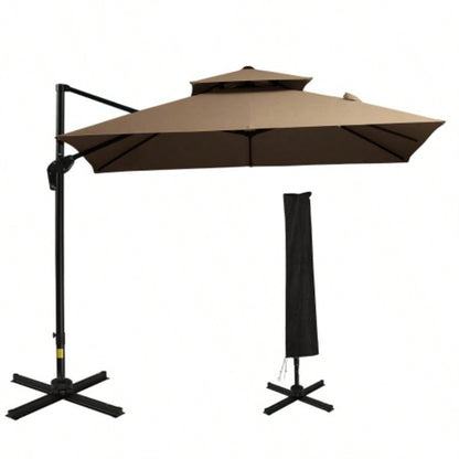 Outsunny 10ft Offset Patio with Base, Double Top Hanging Aluminum Cantilever with 360 - degree Rotation, Easy Tilt, 8 Ribs, Crank, Base, Cover, Strap, Coffee