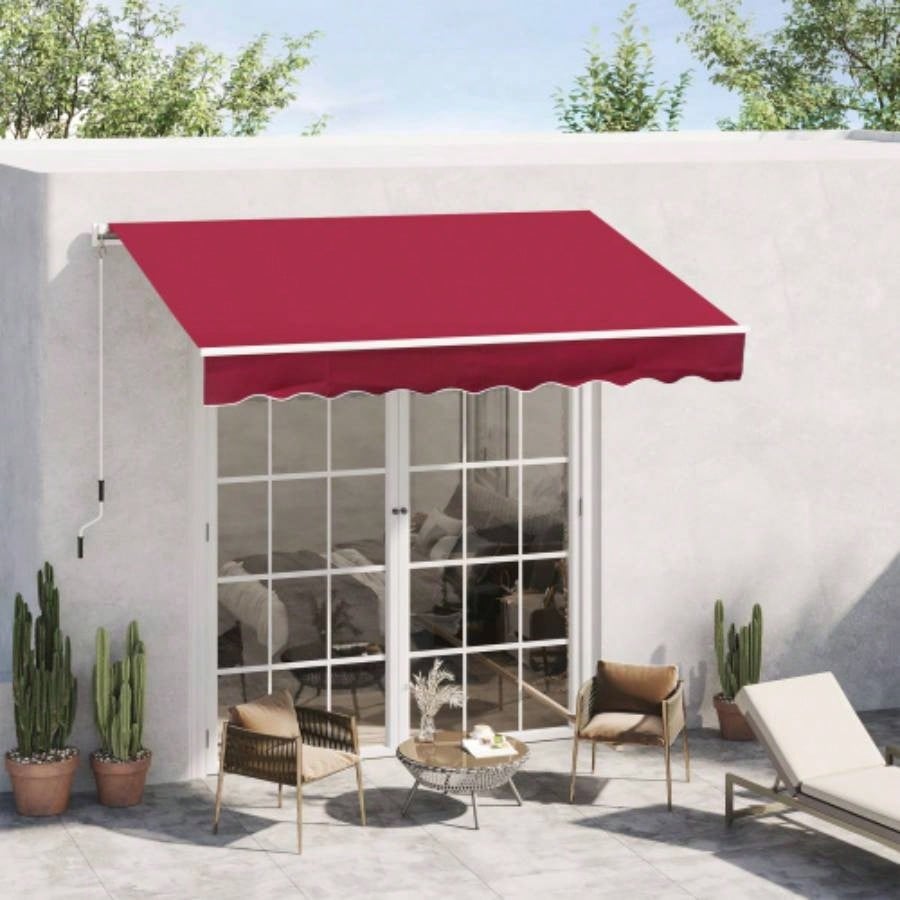 Outsunny 8x Patio Retractable Awning, Manual Exterior Shade Deck Window Cover, Wine Red