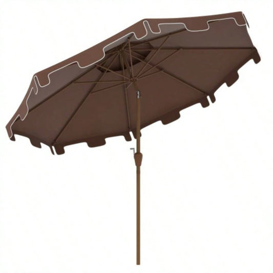 Outsunny 9 Patio with Push Button Tilt and Crank, Double Top Ruffled Outdoor Market Table with 8 Ribs, Garden, Deck, Pool, Brown