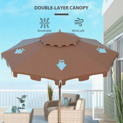 Outsunny 9 Patio with Push Button Tilt and Crank, Double Top Ruffled Outdoor Market Table with 8 Ribs, Garden, Deck, Pool, Brown