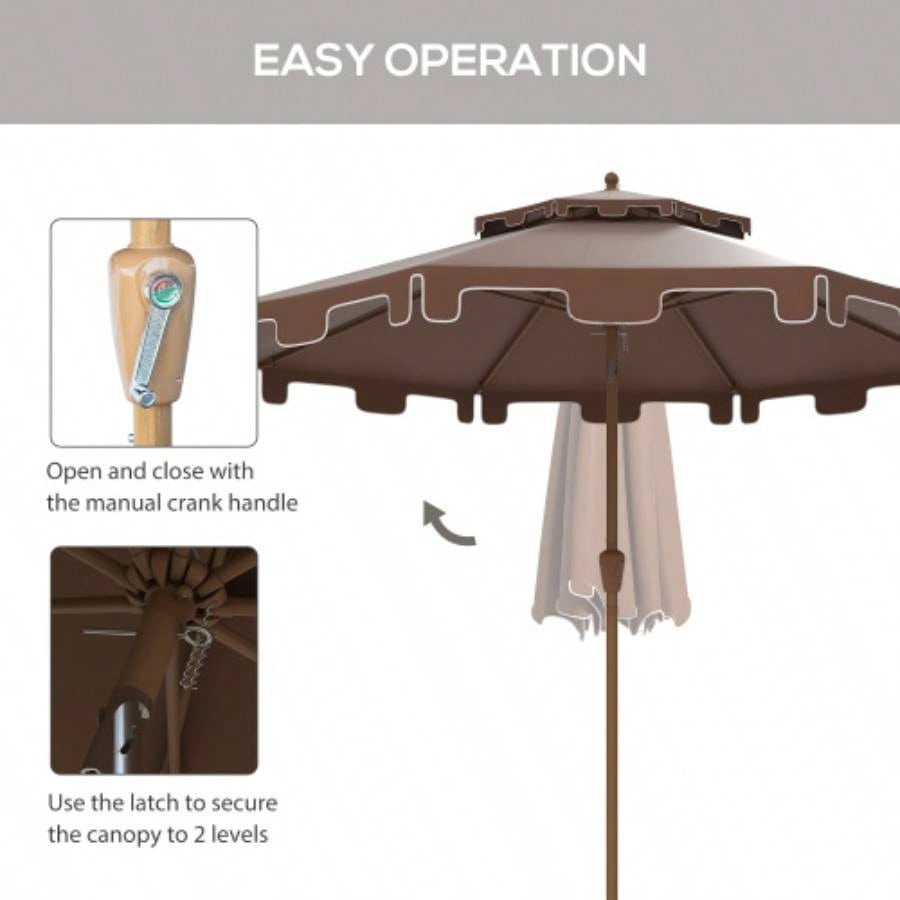 Outsunny 9 Patio with Push Button Tilt and Crank, Double Top Ruffled Outdoor Market Table with 8 Ribs, Garden, Deck, Pool, Brown