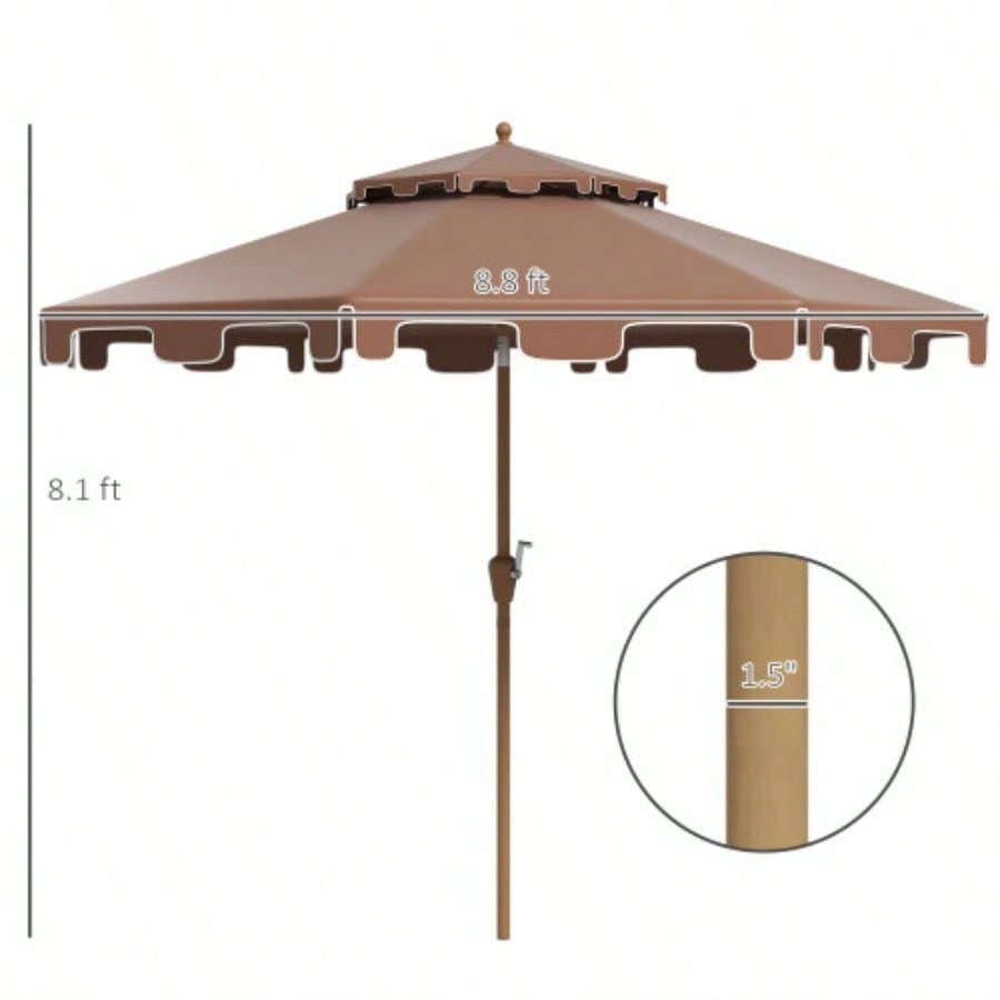 Outsunny 9 Patio with Push Button Tilt and Crank, Double Top Ruffled Outdoor Market Table with 8 Ribs, Garden, Deck, Pool, Brown