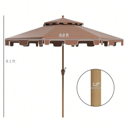 Outsunny 9 Patio with Push Button Tilt and Crank, Double Top Ruffled Outdoor Market Table with 8 Ribs, Garden, Deck, Pool, Brown