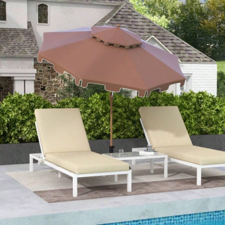 Outsunny 9 Patio with Push Button Tilt and Crank, Double Top Ruffled Outdoor Market Table with 8 Ribs, Garden, Deck, Pool, Brown