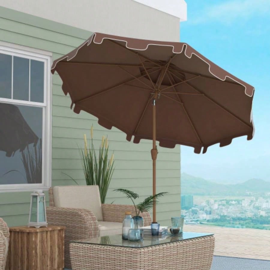 Outsunny 9 Patio with Push Button Tilt and Crank, Double Top Ruffled Outdoor Market Table with 8 Ribs, Garden, Deck, Pool, Brown
