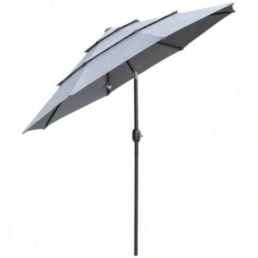 Outsunny 9FT 3 Tiers Patio Outdoor Market with Crank, Push Button Tilt Deck, Backyard and Lawn, Dark Gray